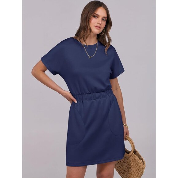 Anrabess Women Navy Blue Crew Neck Elastic Waist Mini T Shirt Dress With Pocket - Picture 2 of 6